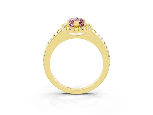 Yellow gold Marquise Cut Morganite Pavé Halo Ring with Four-Prong Setting
