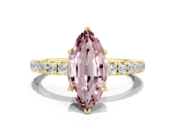 Yellow gold Marquise Cut Morganite Pavé Solitaire Engagement Ring with Four-Prong Setting