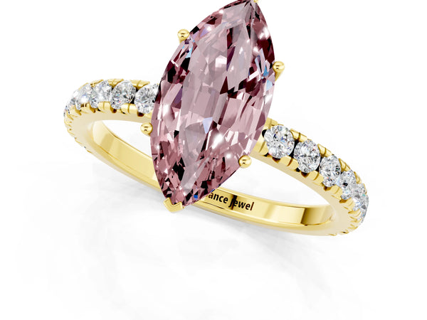 Yellow gold Marquise Cut Morganite Pavé Solitaire Engagement Ring with Four-Prong Setting