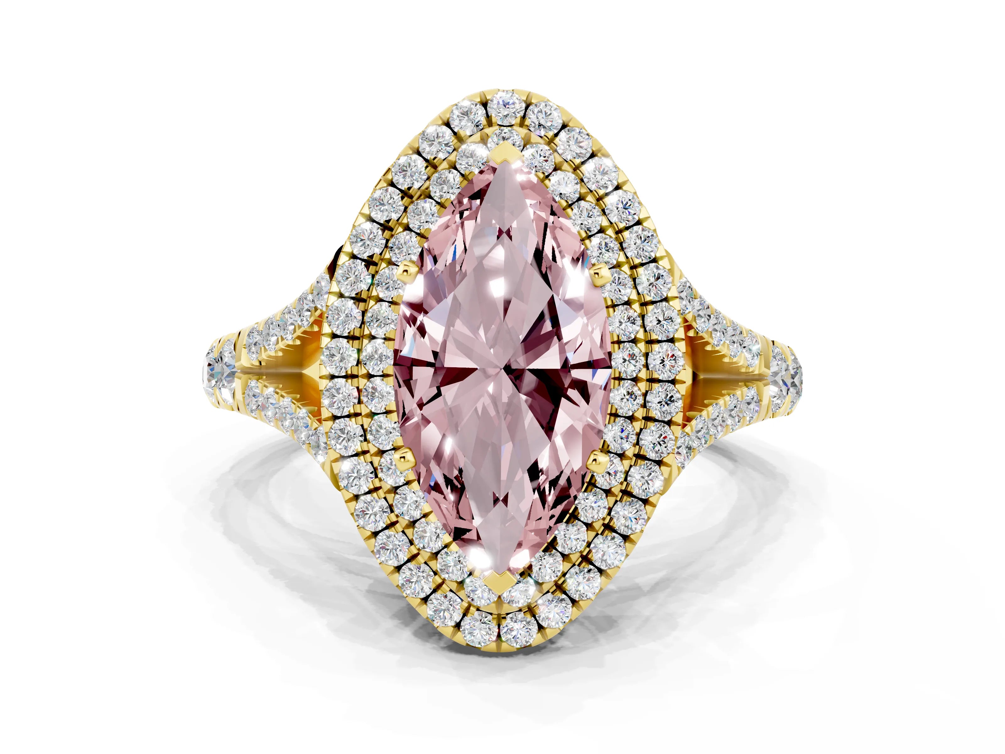 Yellow gold Marquise Cut Morganite Pavé Split Shank Double Halo Engagement Ring