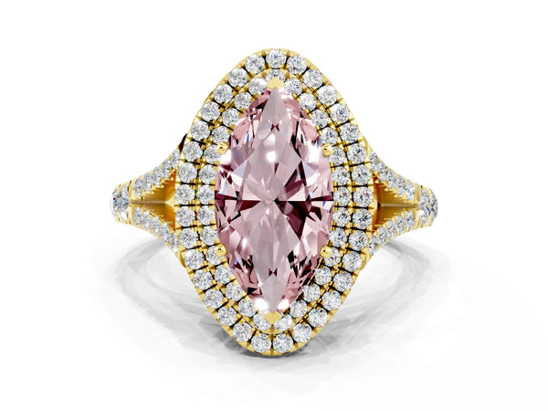 Yellow gold Marquise Cut Morganite Pavé Split Shank Double Halo Engagement Ring