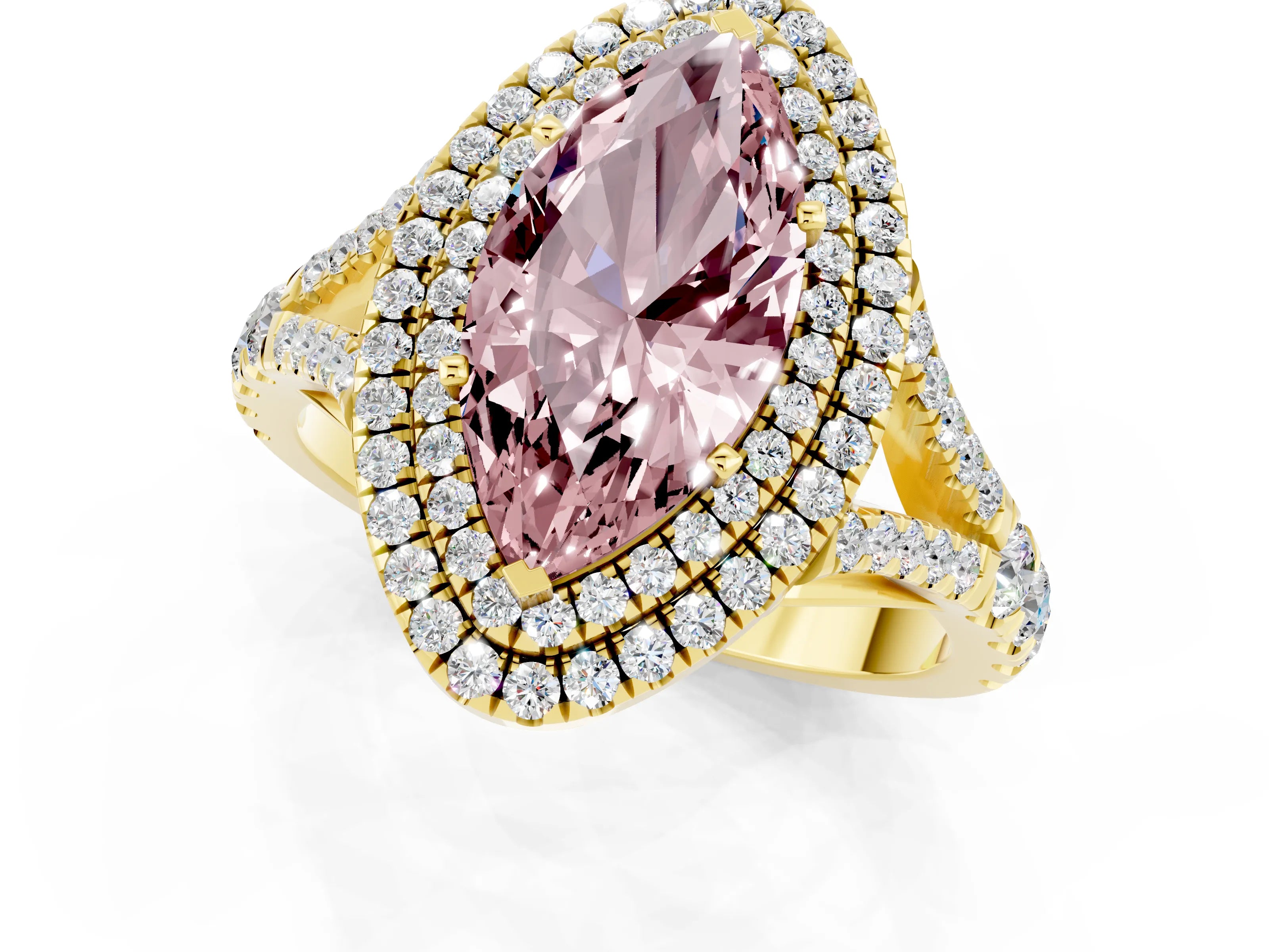 Yellow gold Marquise Cut Morganite Pavé Split Shank Double Halo Engagement Ring_1