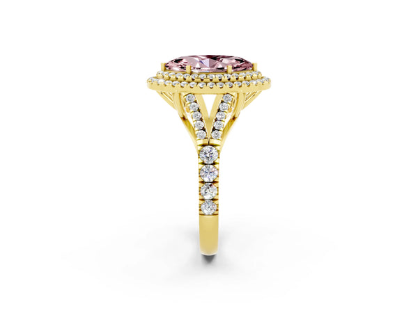 Yellow gold Marquise Cut Morganite Pavé Split Shank Double Halo Engagement Ring