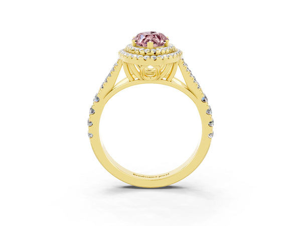 Yellow gold Marquise Cut Morganite Pavé Split Shank Double Halo Engagement Ring