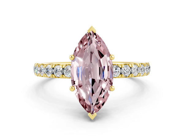 Yellow gold Marquise Cut Morganite Pave Band Solitaire Ring with Round  and Prong Setting