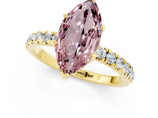 Yellow gold Marquise Cut Morganite Pave Band Solitaire Ring with Round  and Prong Setting