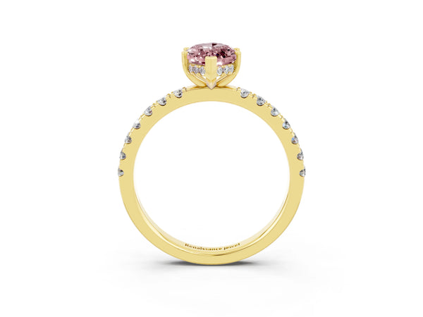 Yellow gold Marquise Cut Morganite Pave Band Solitaire Ring with Round  and Prong Setting