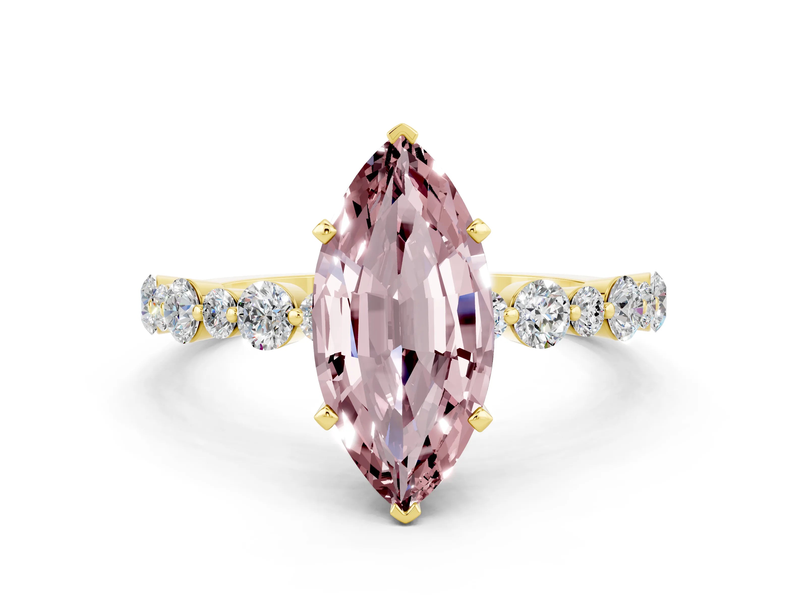 Yellow gold Marquise Cut Morganite Prong Set Engagement Ring with Pavé Band