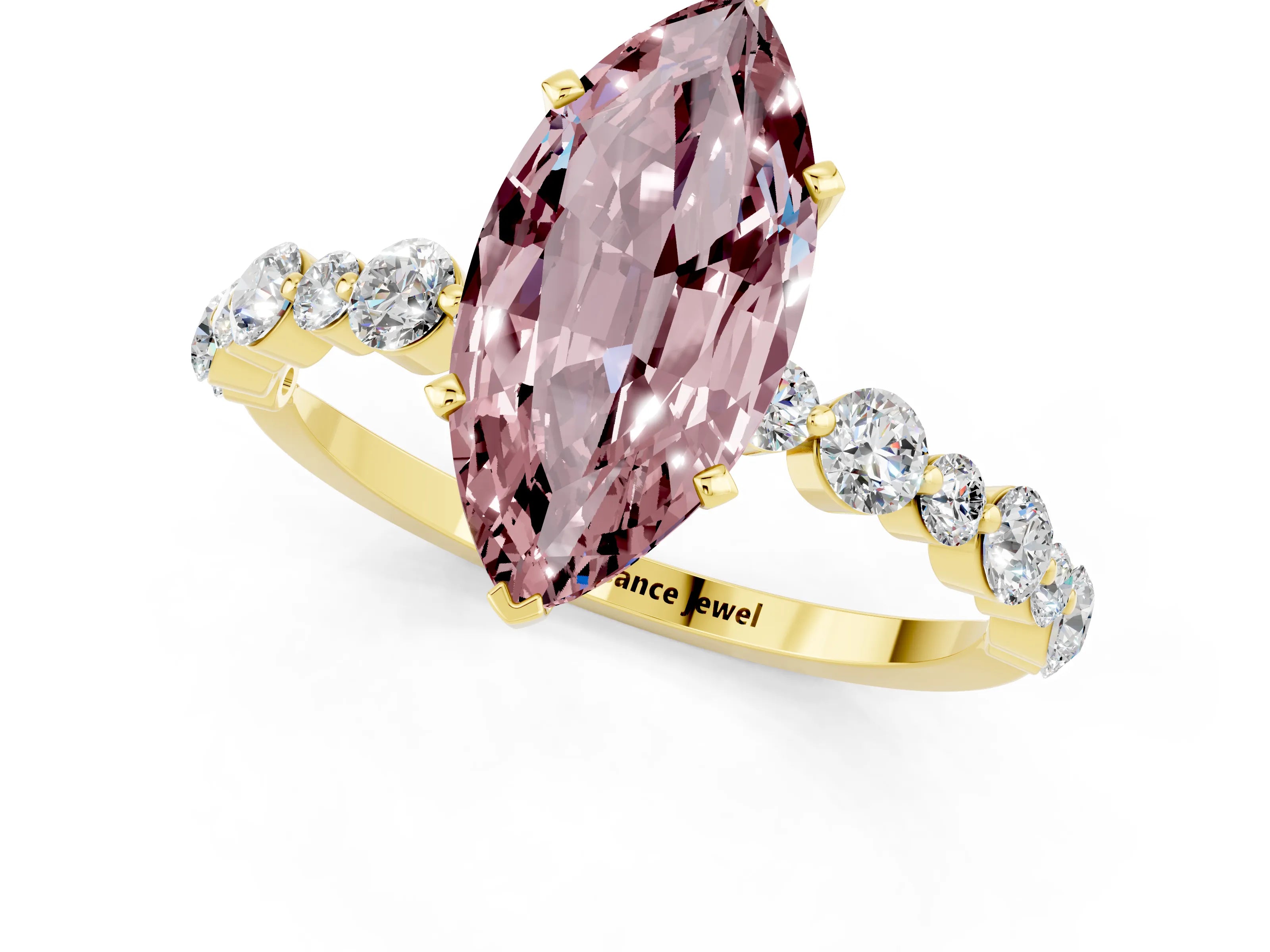 Yellow gold Marquise Cut Morganite Prong Set Engagement Ring with Pavé Band_1
