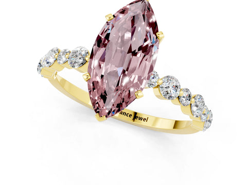 Yellow gold Marquise Cut Morganite Prong Set Engagement Ring with Pavé Band_1
