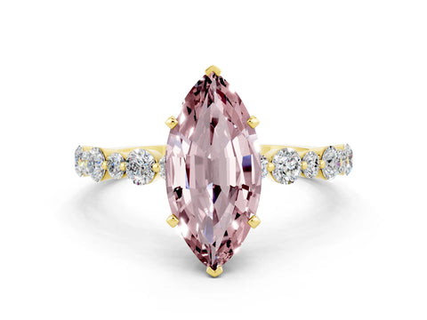 Yellow gold Marquise Cut Morganite Prong Set Engagement Ring with Pavé Band
