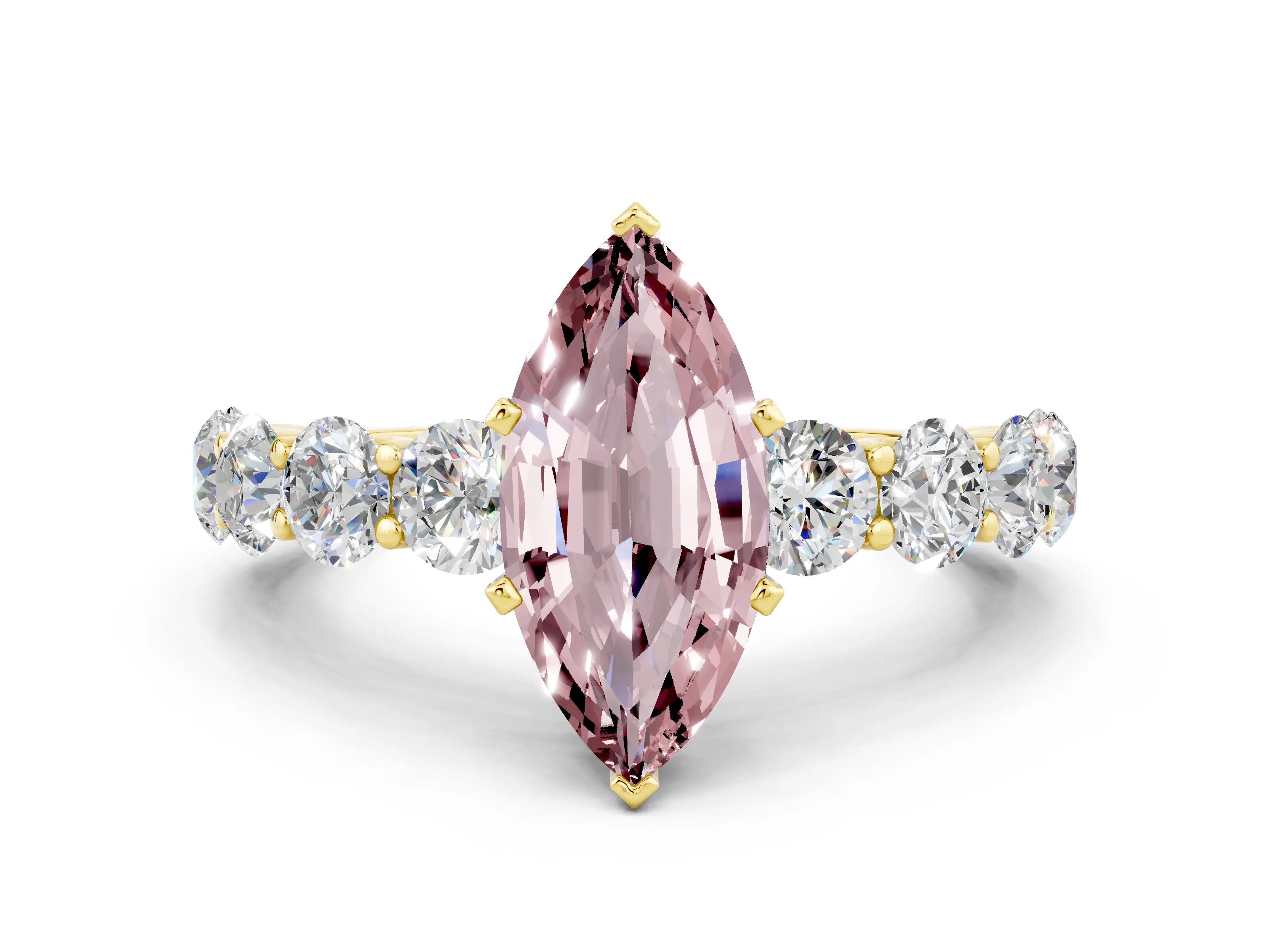 Yellow gold Marquise Cut Morganite Prong Setting with Side Stones on a Pave Band