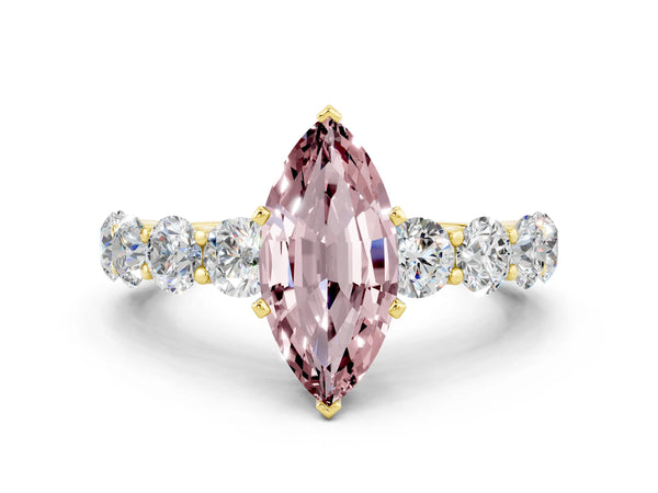 Yellow gold Marquise Cut Morganite Prong Setting with Side Stones on a Pave Band