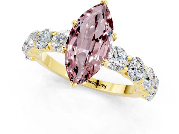 Yellow gold Marquise Cut Morganite Prong Setting with Side Stones on a Pave Band