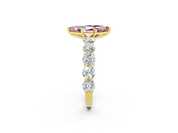 Yellow gold Marquise Cut Morganite Prong Setting with Side Stones on a Pave Band