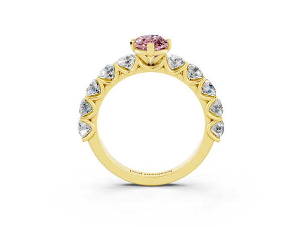 Yellow gold Marquise Cut Morganite Prong Setting with Side Stones on a Pave Band