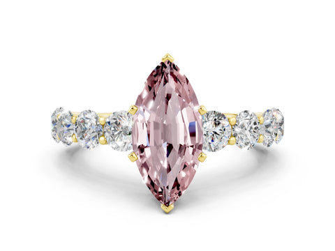 Yellow gold Marquise Cut Morganite Prong Setting with Side Stones on a Pave Band