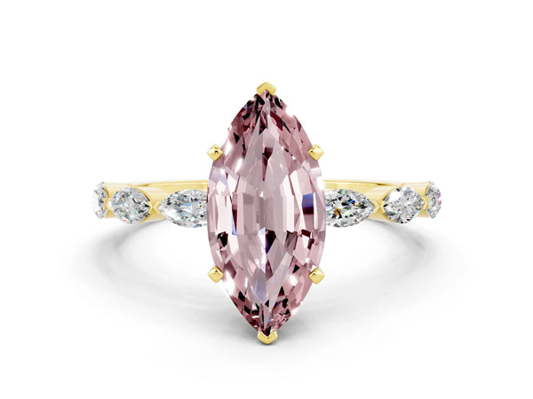 Yellow gold Marquise Cut Morganite Ring with Marquise Side Stones and Prong Setting