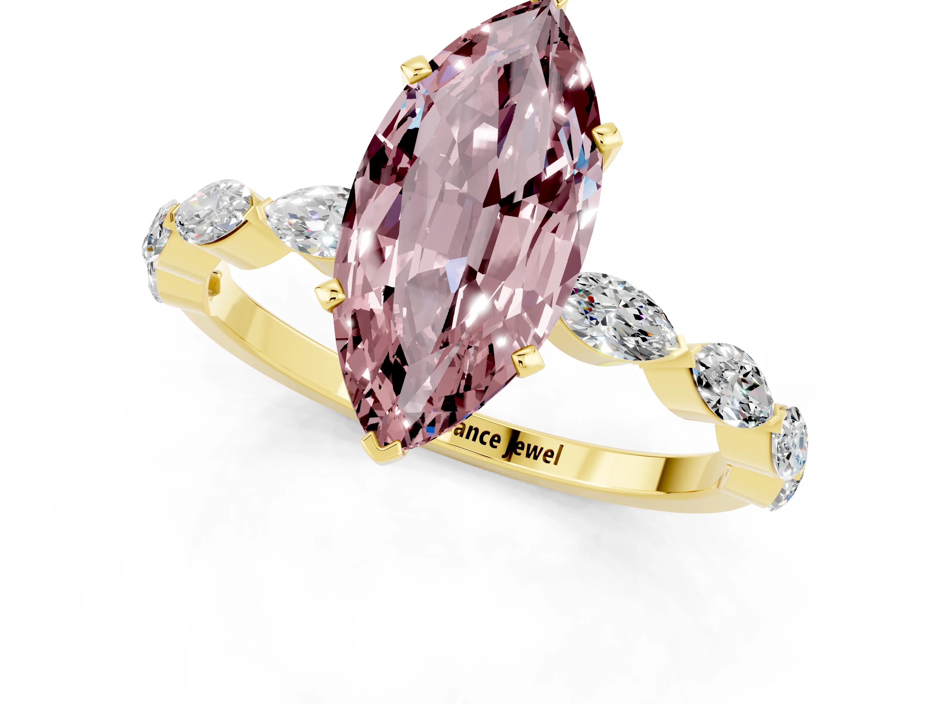 Yellow gold Marquise Cut Morganite Ring with Marquise Side Stones and Prong Setting_1