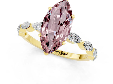 Yellow gold Marquise Cut Morganite Ring with Marquise Side Stones and Prong Setting_1