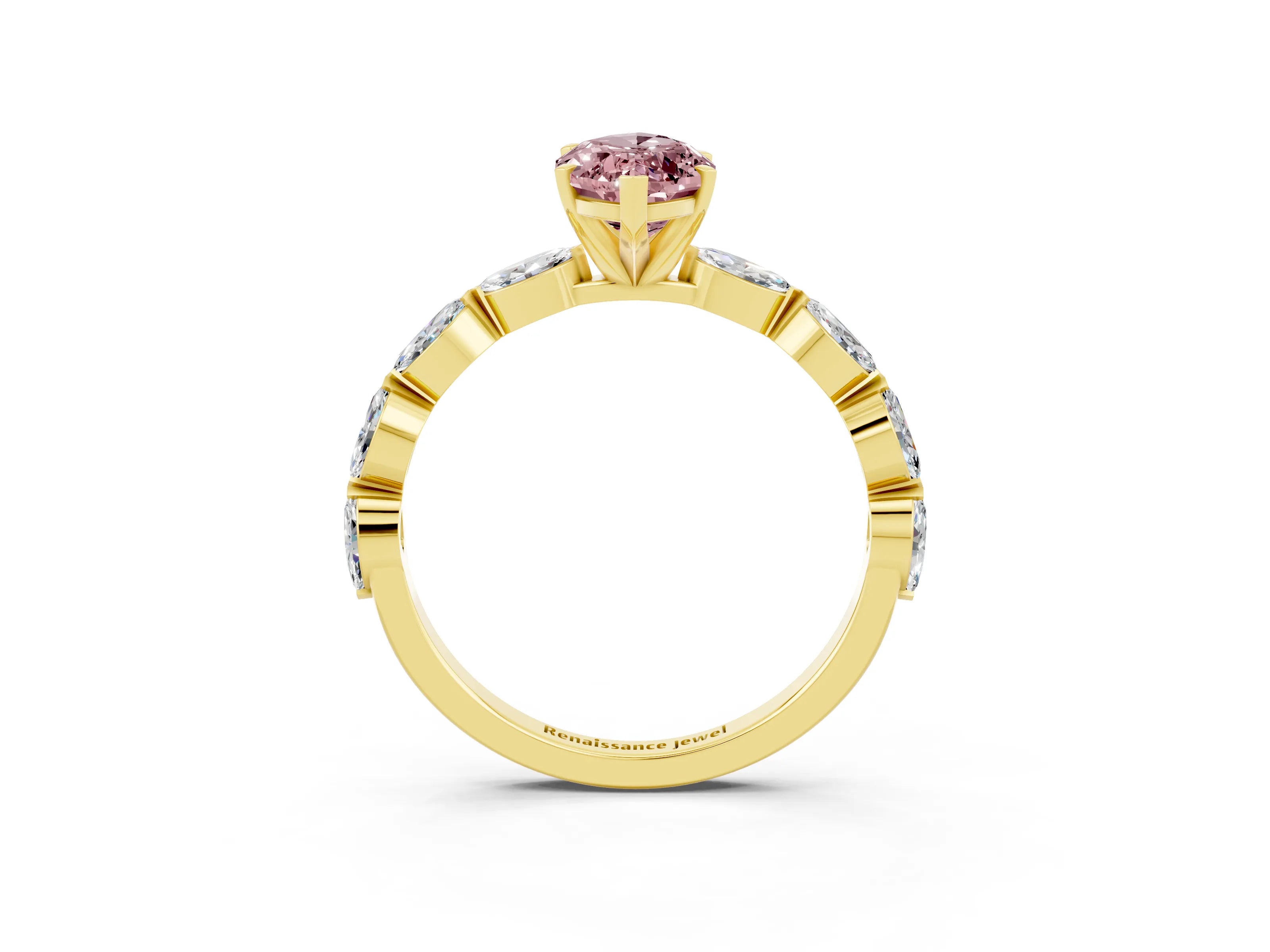 Yellow gold Marquise Cut Morganite Ring with Marquise Side Stones and Prong Setting_3