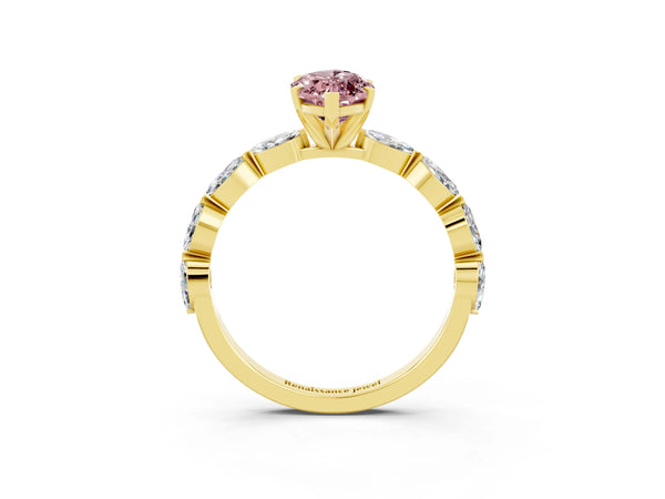 Yellow gold Marquise Cut Morganite Ring with Marquise Side Stones and Prong Setting