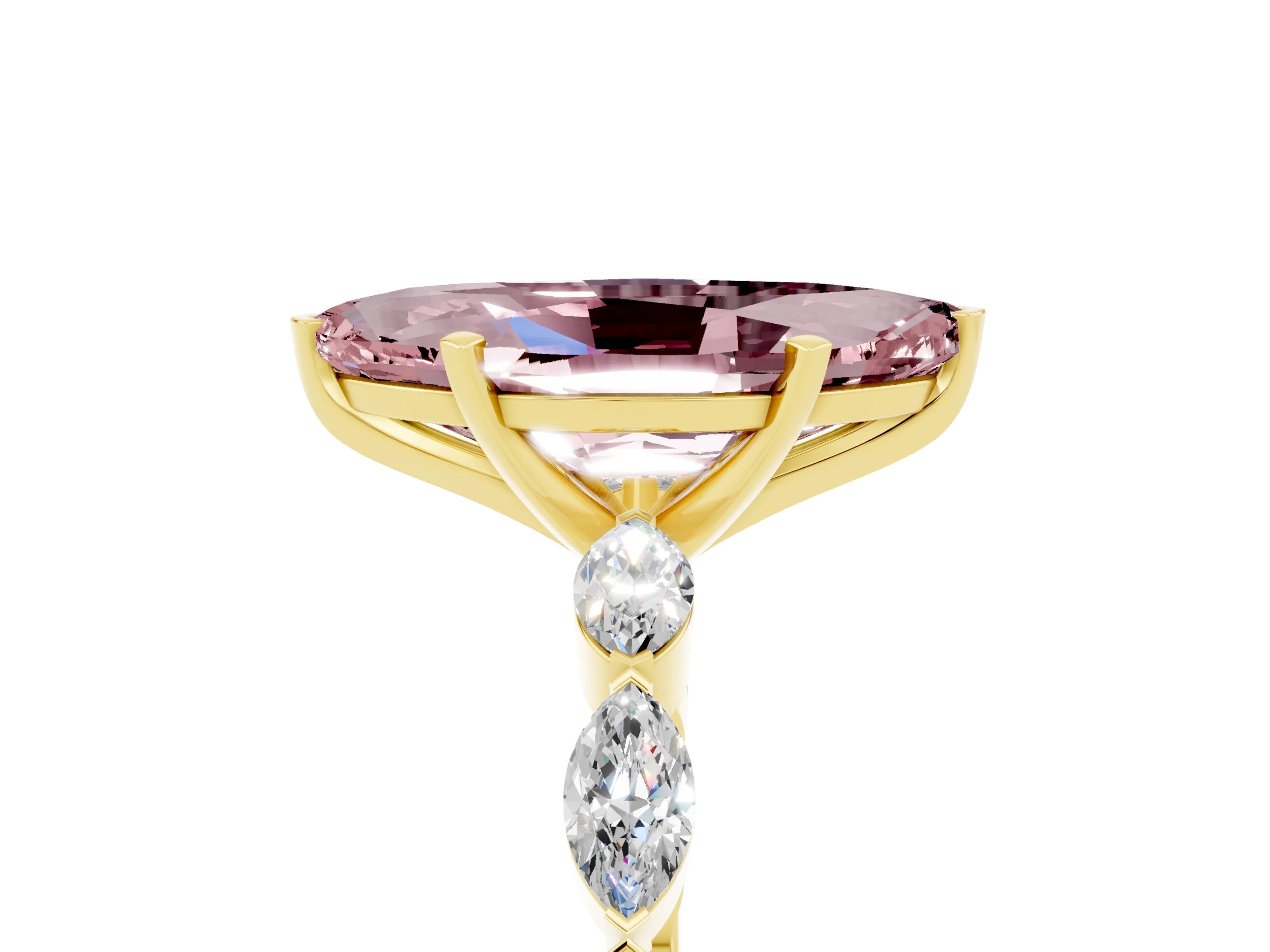 Yellow gold Marquise Cut Morganite Ring with Marquise Side Stones and Prong Setting_5