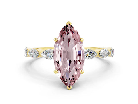 Yellow gold Marquise Cut Morganite Ring with Marquise Side Stones and Prong Setting