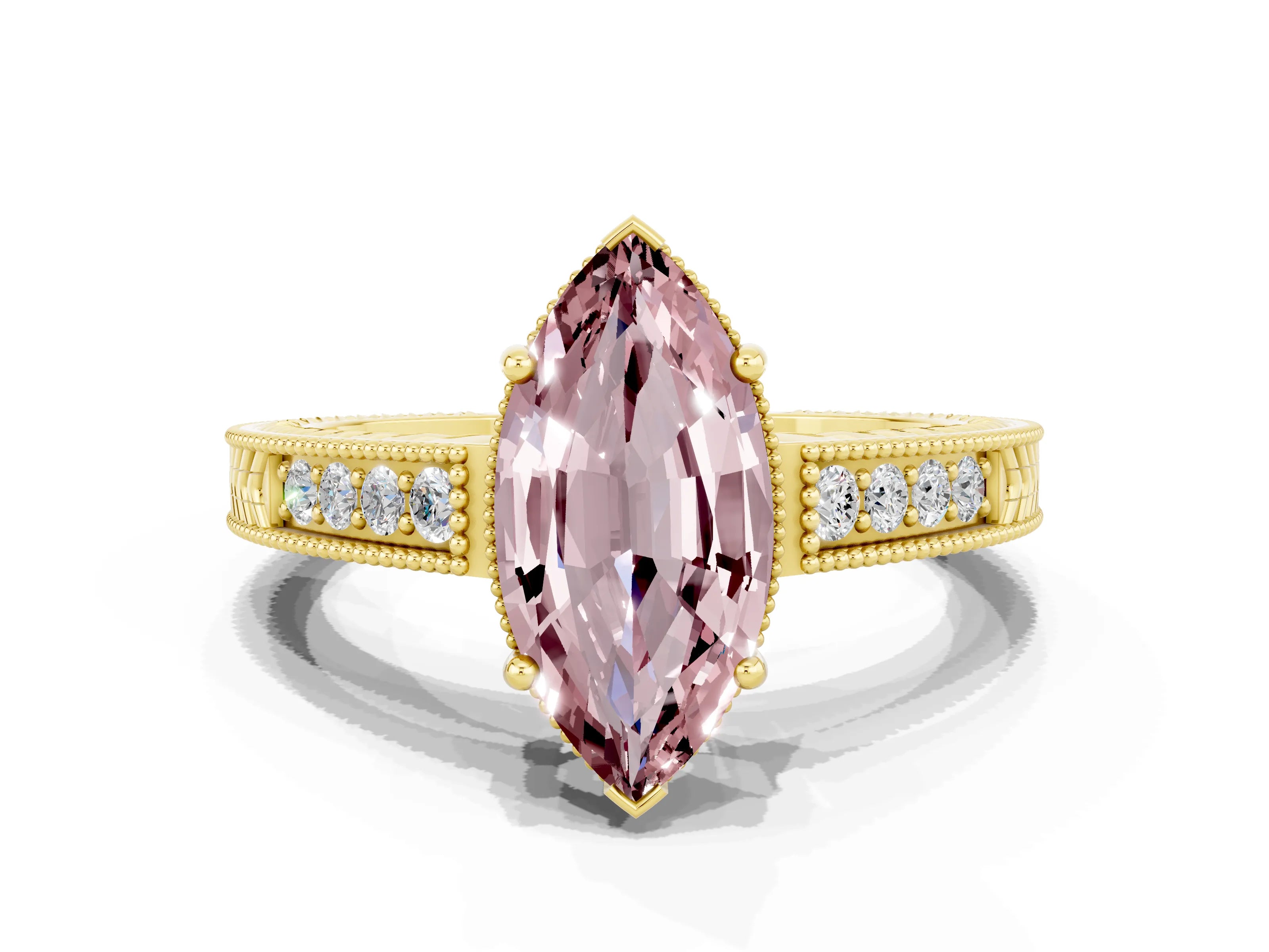 Yellow gold Marquise Cut Morganite Ring with Milgrain Pavé Band and Four-Prong Setting_12