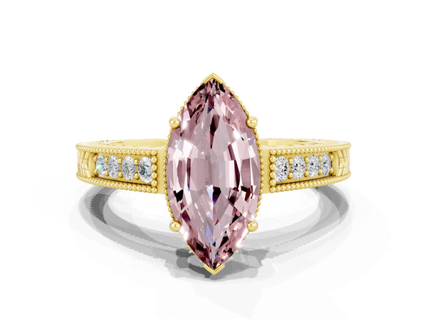 Yellow gold Marquise Cut Morganite Ring with Milgrain Pavé Band and Four-Prong Setting