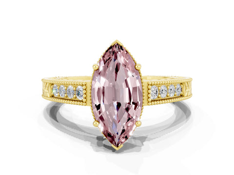 Yellow gold Marquise Cut Morganite Ring with Milgrain Pavé Band and Four-Prong Setting_12