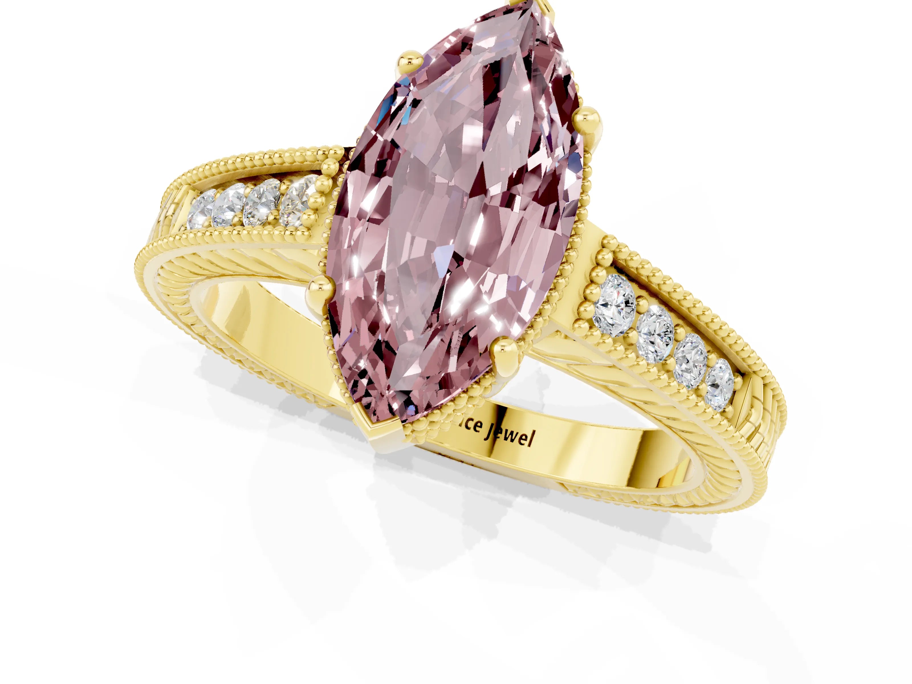 Yellow gold Marquise Cut Morganite Ring with Milgrain Pavé Band and Four-Prong Setting_13