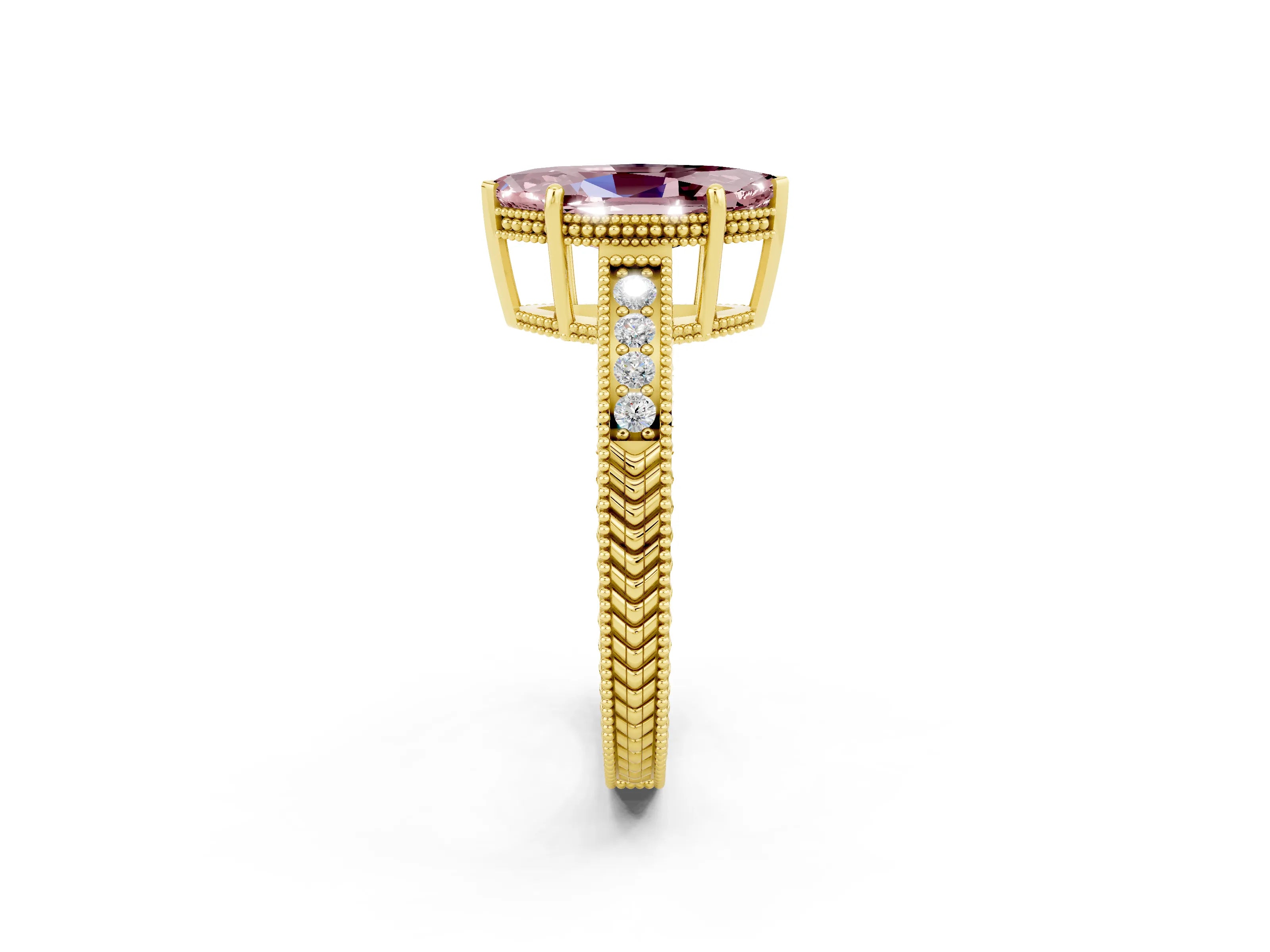 Yellow gold Marquise Cut Morganite Ring with Milgrain Pavé Band and Four-Prong Setting_14