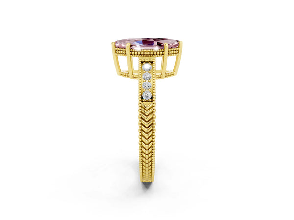 Yellow gold Marquise Cut Morganite Ring with Milgrain Pavé Band and Four-Prong Setting