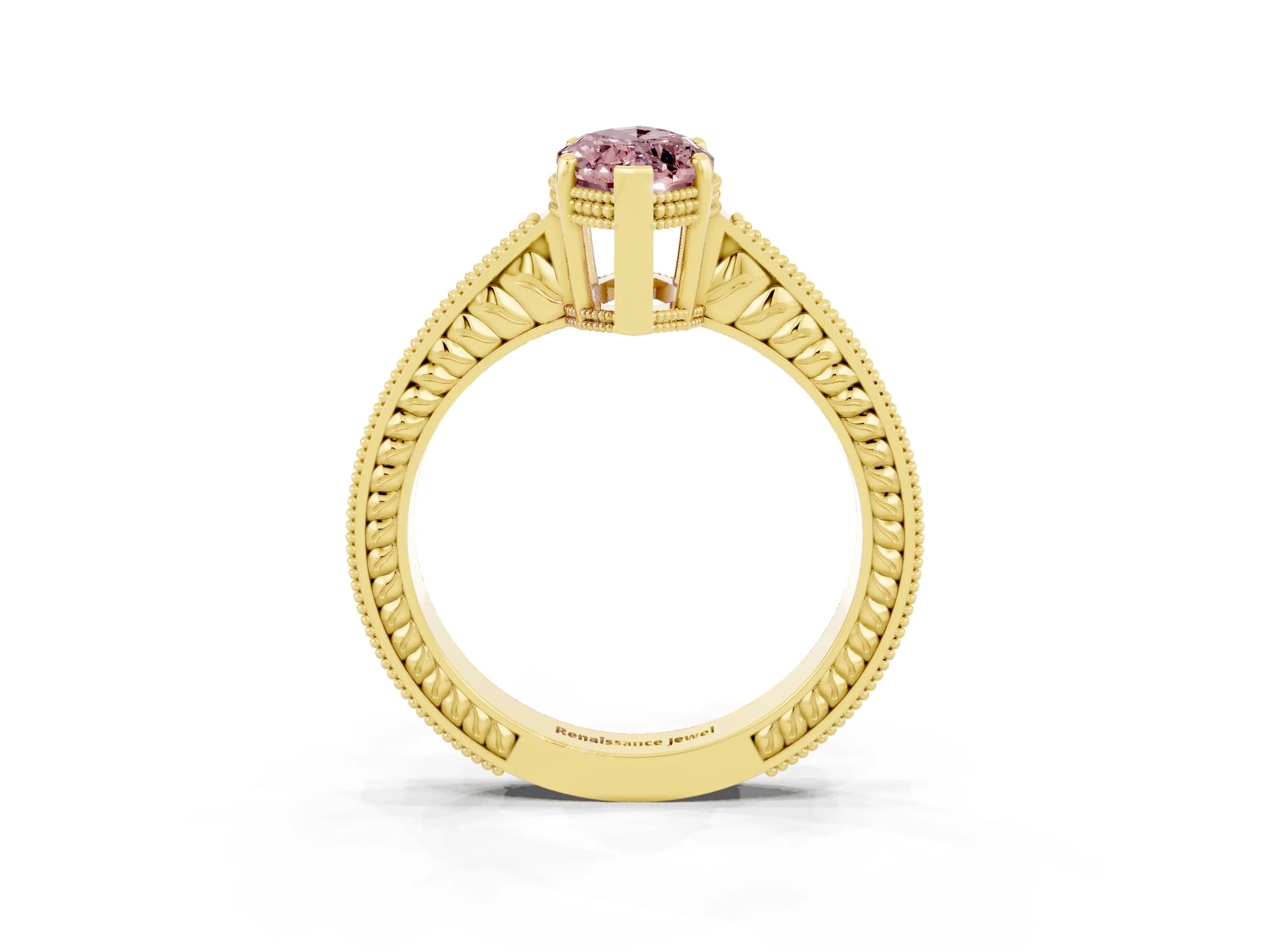 Yellow gold Marquise Cut Morganite Ring with Milgrain Pavé Band and Four-Prong Setting_15
