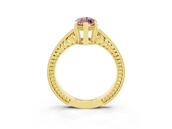 Yellow gold Marquise Cut Morganite Ring with Milgrain Pavé Band and Four-Prong Setting