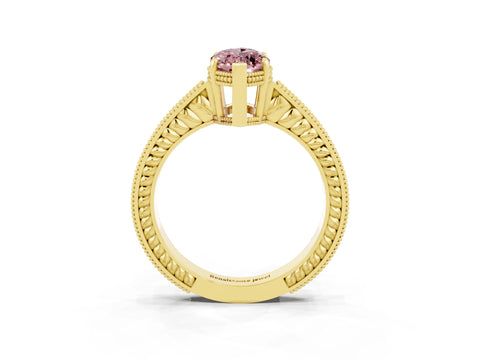 Yellow gold Marquise Cut Morganite Ring with Milgrain Pavé Band and Four-Prong Setting_15