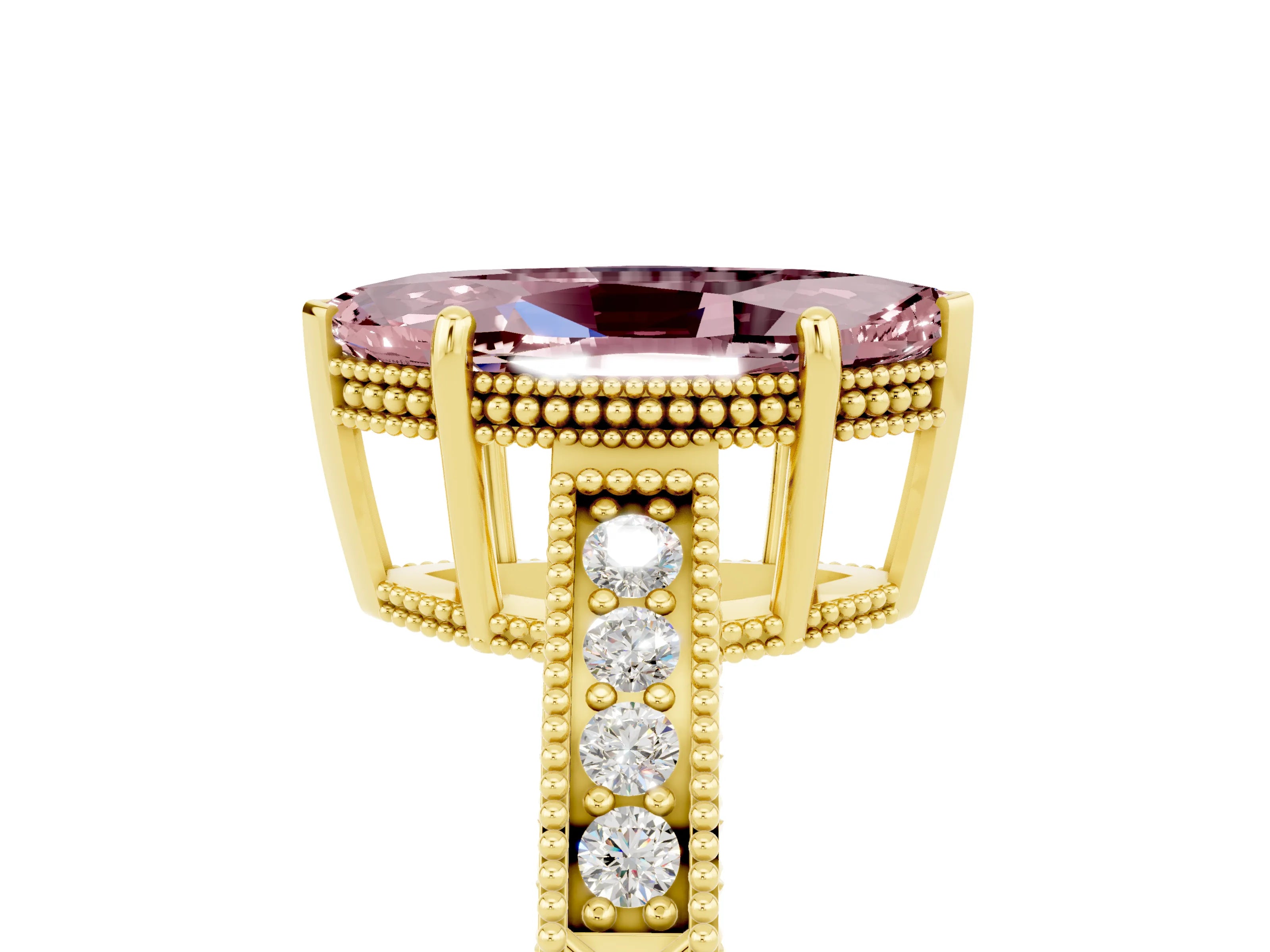 Yellow gold Marquise Cut Morganite Ring with Milgrain Pavé Band and Four-Prong Setting_17