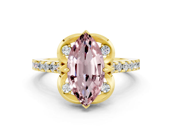 Yellow gold Marquise Cut Morganite Ring with Pavé Band and Floral Prong Setting