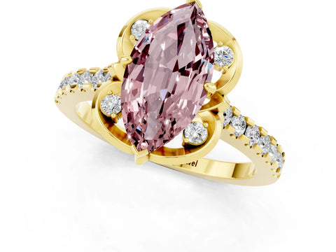 Yellow gold Marquise Cut Morganite Ring with Pavé Band and Floral Prong Setting_1
