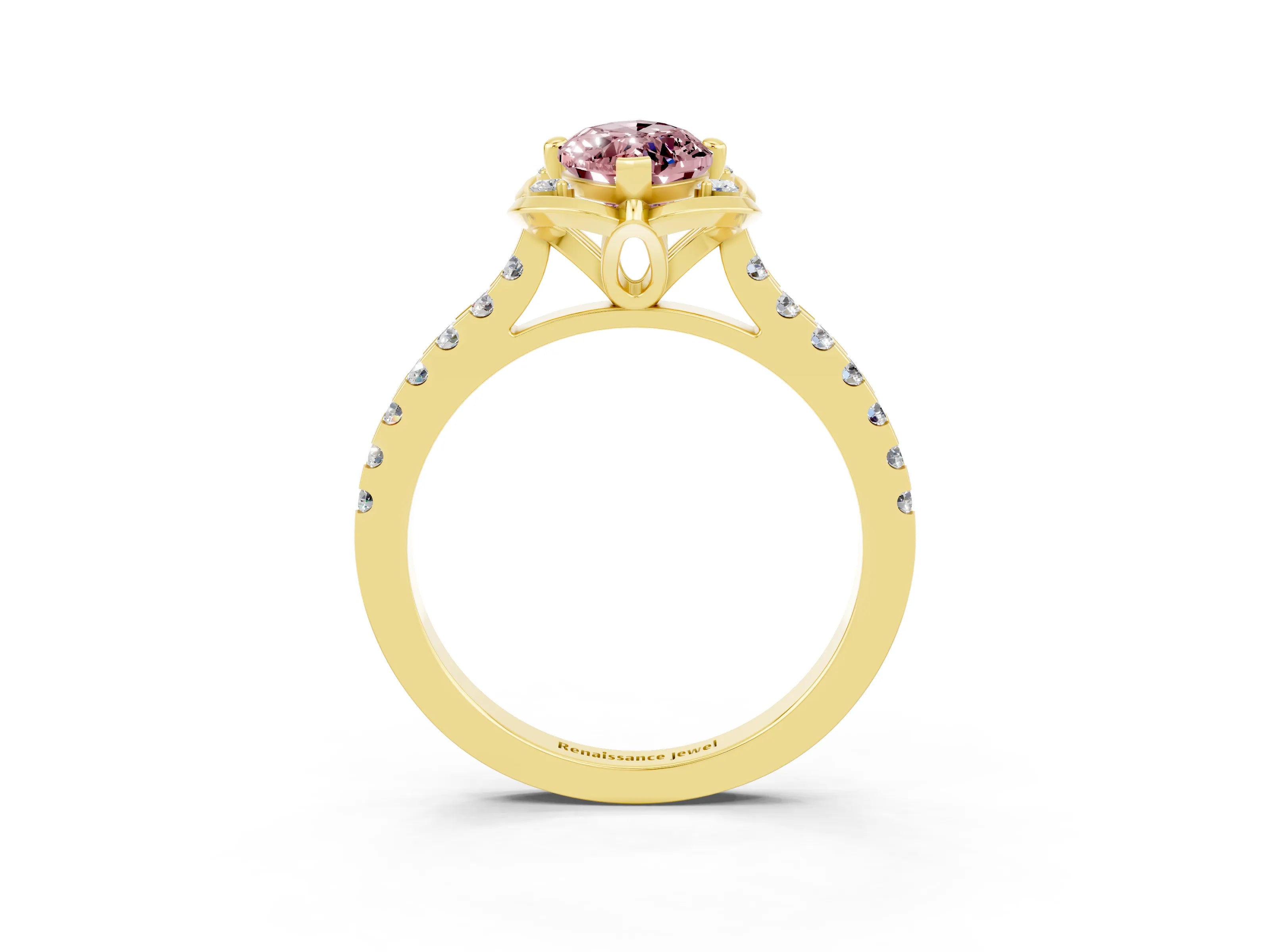 Yellow gold Marquise Cut Morganite Ring with Pavé Band and Floral Prong Setting_3