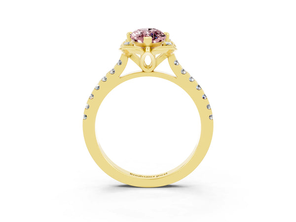 Yellow gold Marquise Cut Morganite Ring with Pavé Band and Floral Prong Setting