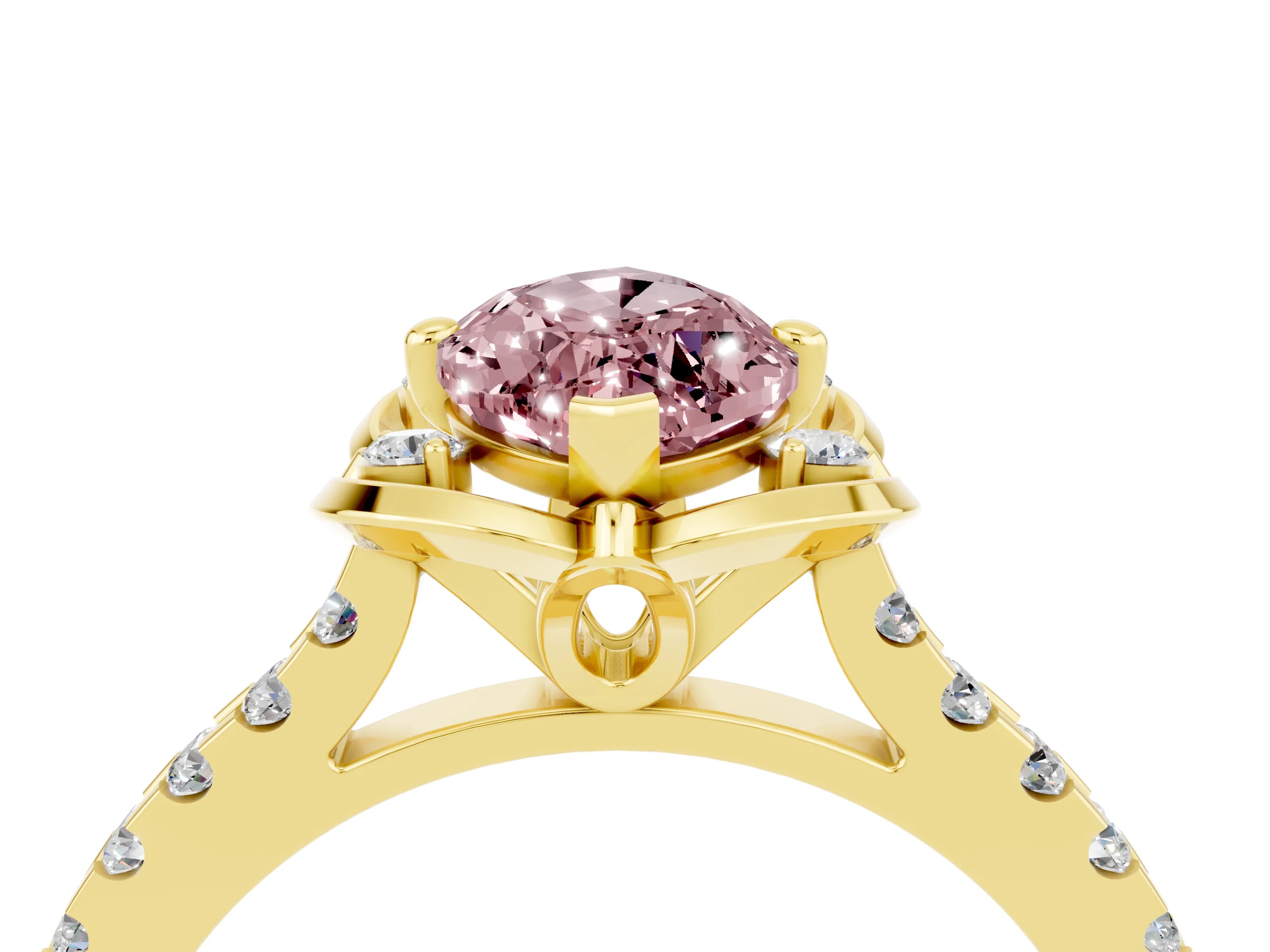 Yellow gold Marquise Cut Morganite Ring with Pavé Band and Floral Prong Setting_4