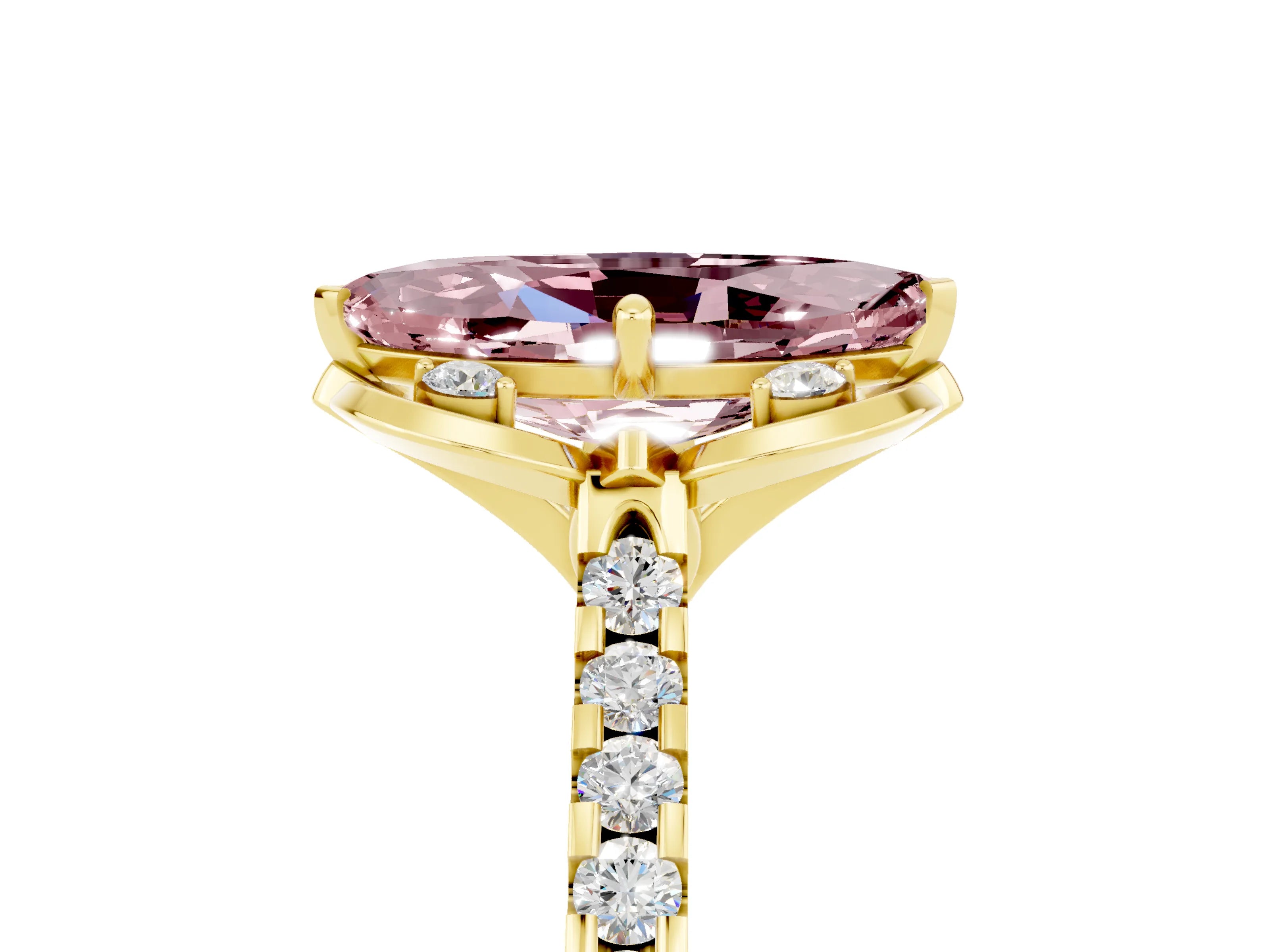 Yellow gold Marquise Cut Morganite Ring with Pavé Band and Floral Prong Setting_5