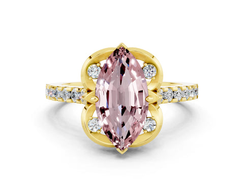 Yellow gold Marquise Cut Morganite Ring with Pavé Band and Floral Prong Setting