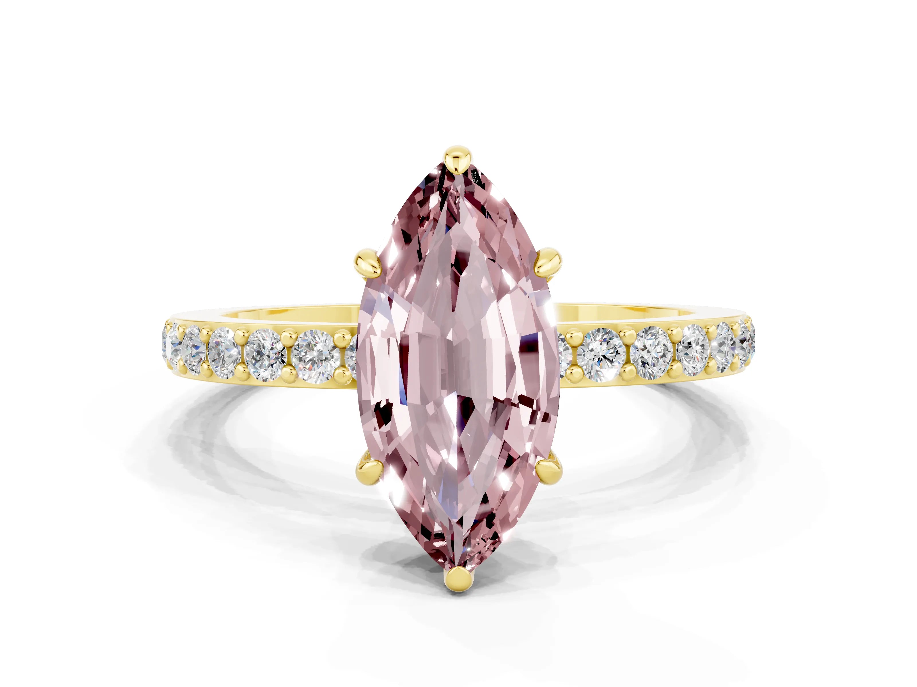 Yellow gold Marquise Cut Morganite Ring with Pavé Band and Four-Prong Setting