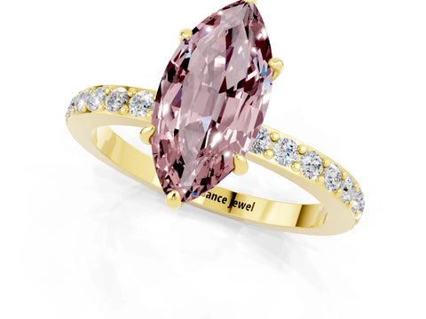 Yellow gold Marquise Cut Morganite Ring with Pavé Band and Four-Prong Setting_1