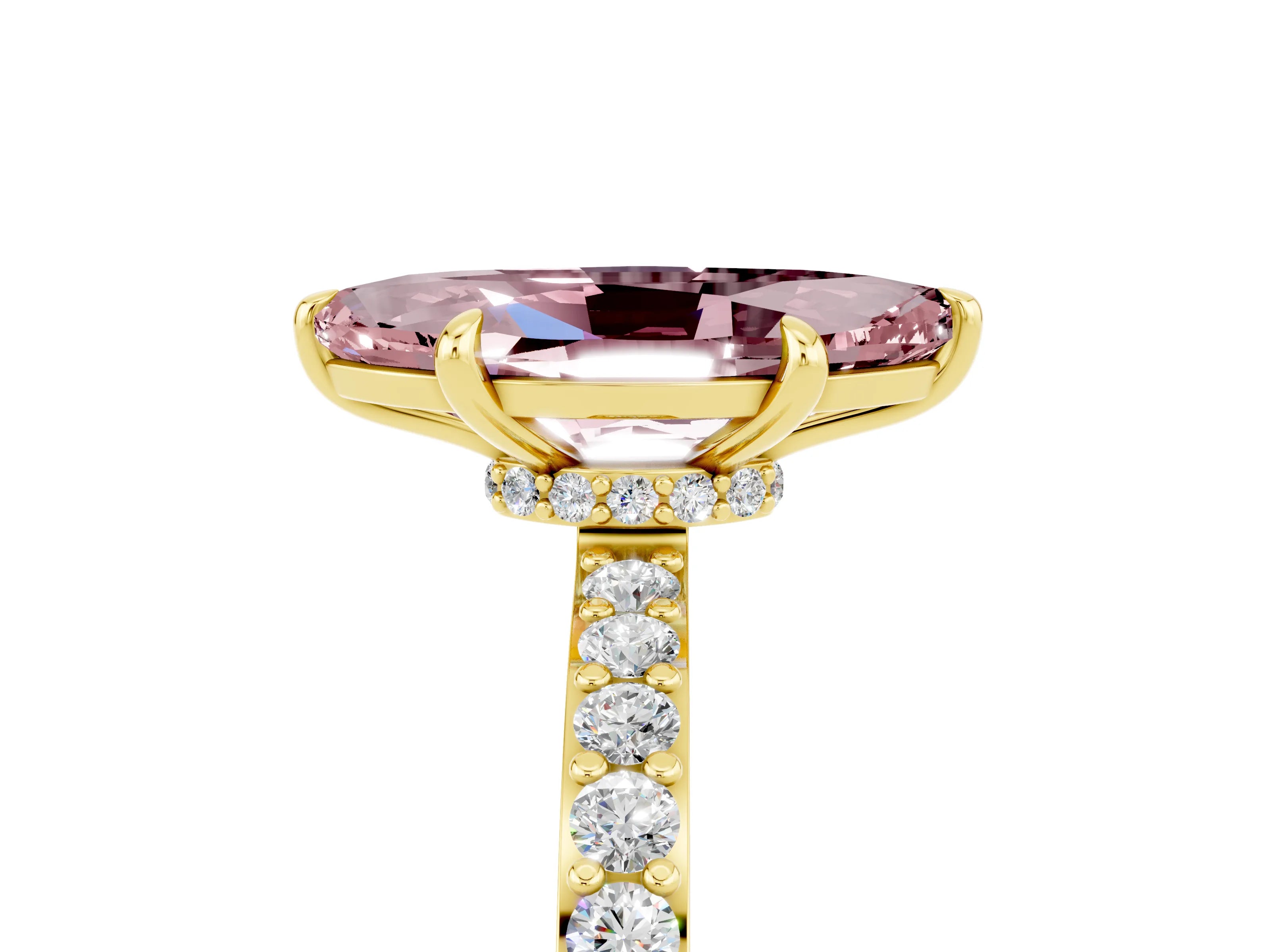 Yellow gold Marquise Cut Morganite Ring with Pavé Band and Four-Prong Setting_5
