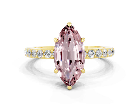 Yellow gold Marquise Cut Morganite Ring with Pavé Band and Four-Prong Setting