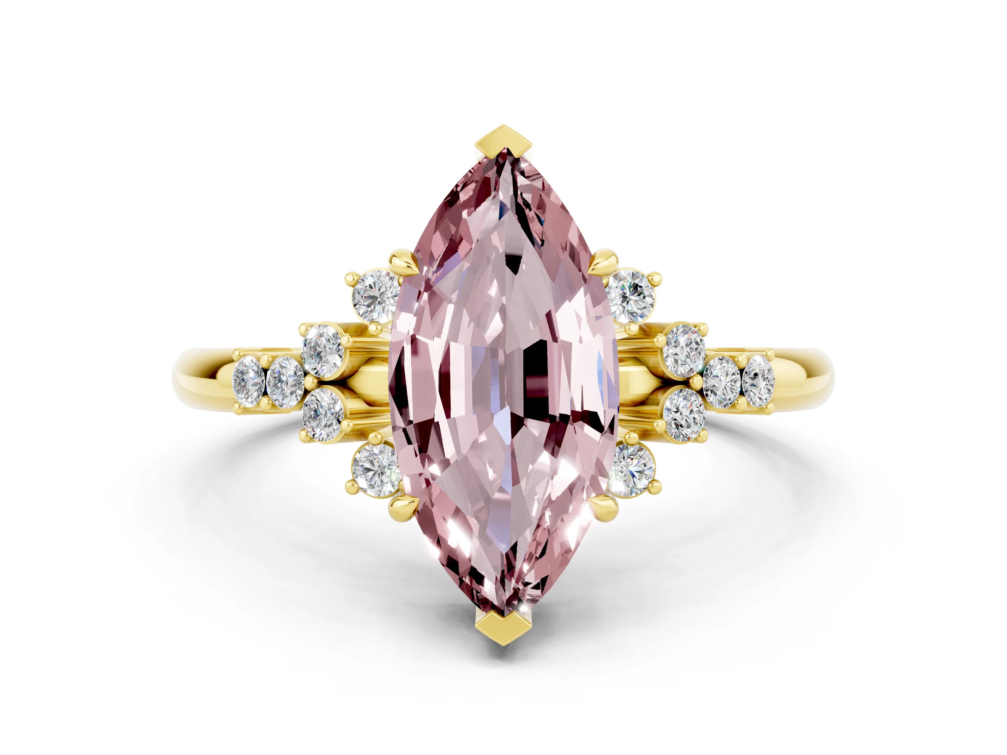 Yellow gold Marquise Cut Morganite Ring with Side Stones and Four-Prong Setting_36